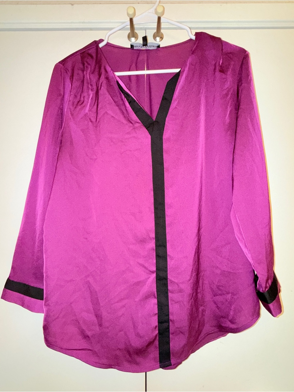 Women's Magenta V-Neck Blouse with Black Trim
